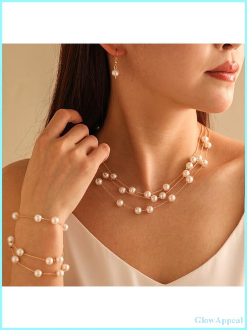 Gold Pearl Necklace Set With Drop Earrings And Bracelet